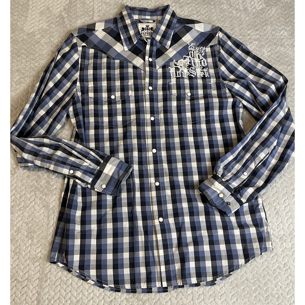 Express Shirt Mens Small Blue Plaid Western Pearl Snap Country Rodeo‎ Rock Roll
